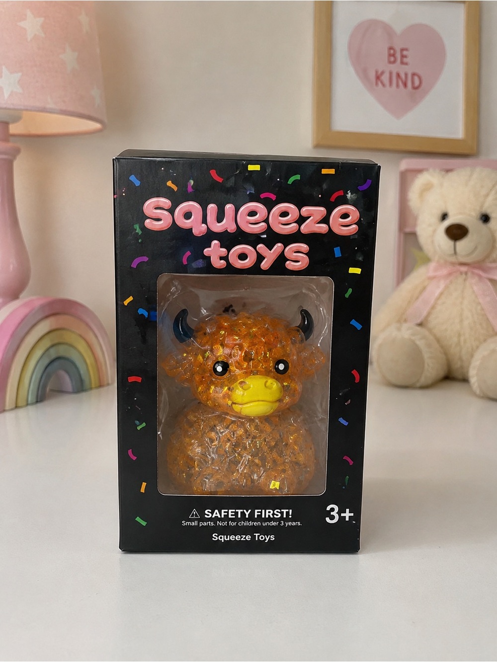 Squeeze Orange Crystal highland cow  with Yellow Beak and Black Horns